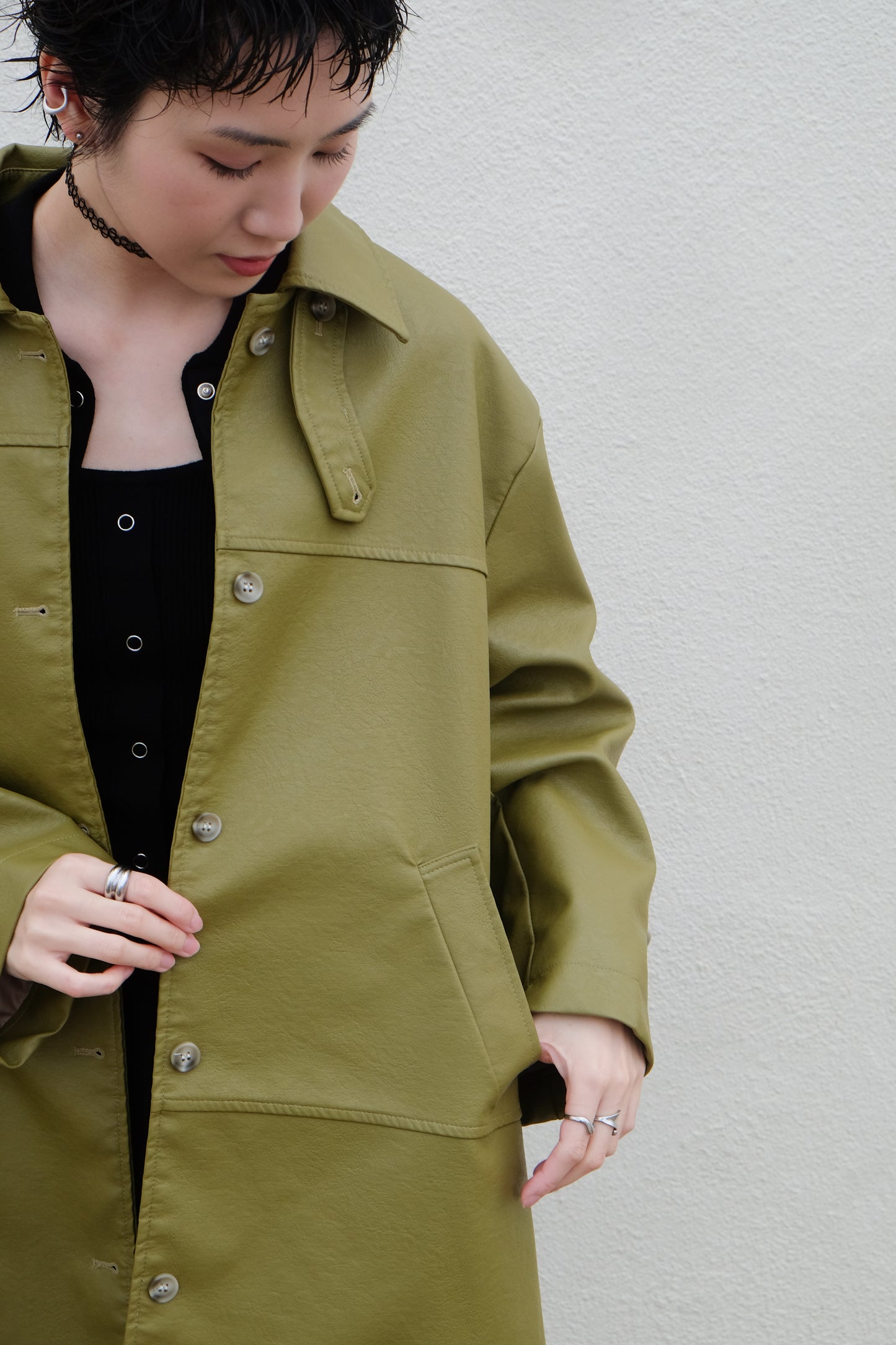 ✨推!Faux Leather Trench Coat (Olive)