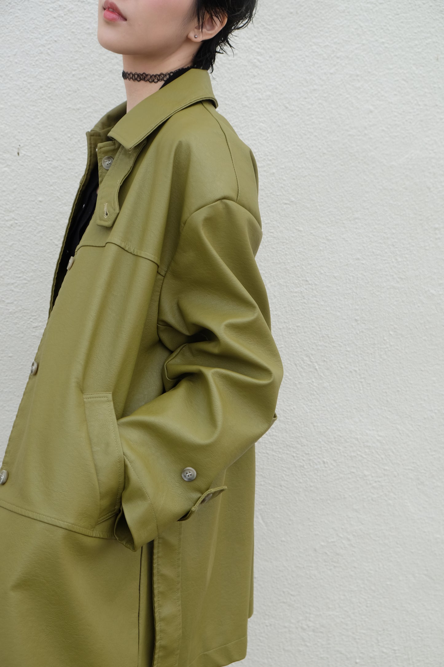 ✨推!Faux Leather Trench Coat (Olive)