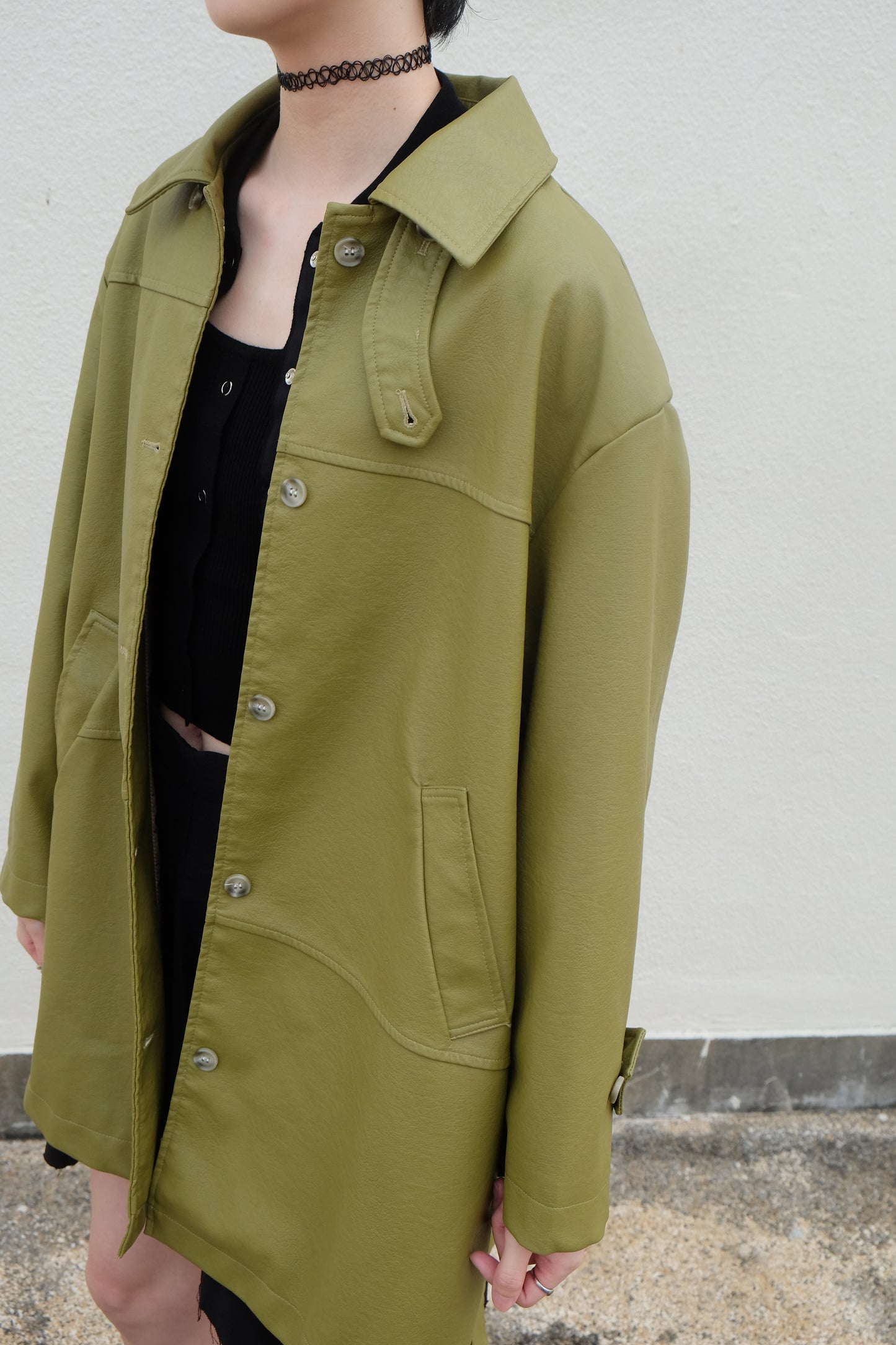 ✨推!Faux Leather Trench Coat (Olive)