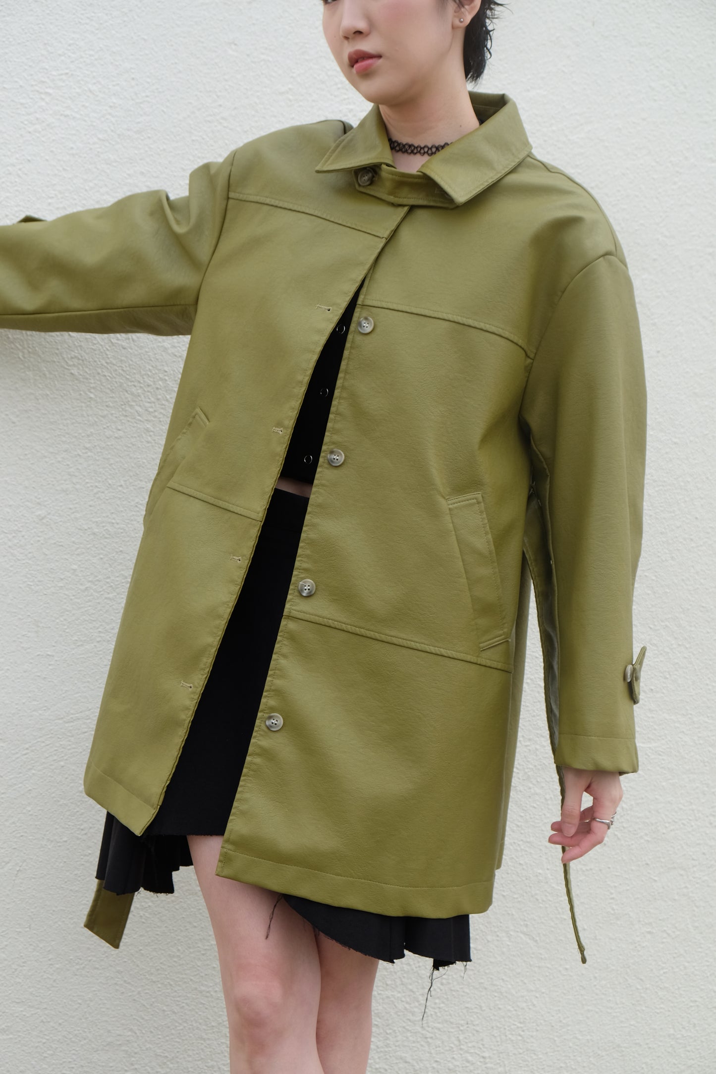 ✨推!Faux Leather Trench Coat (Olive)