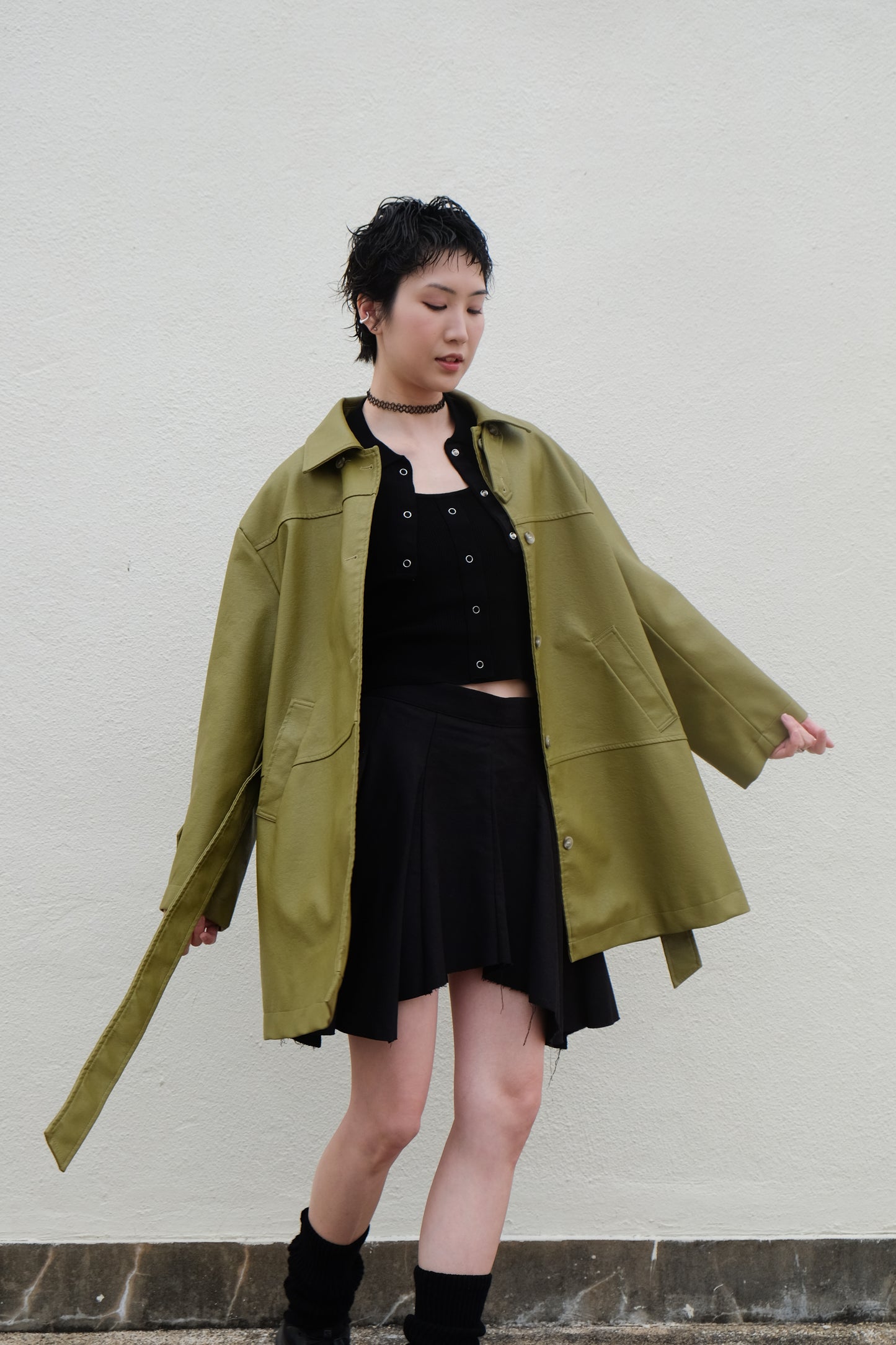 ✨推!Faux Leather Trench Coat (Olive)