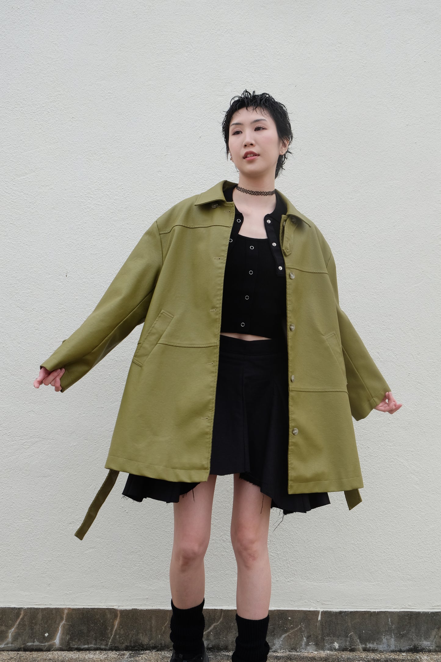 ✨推!Faux Leather Trench Coat (Olive)