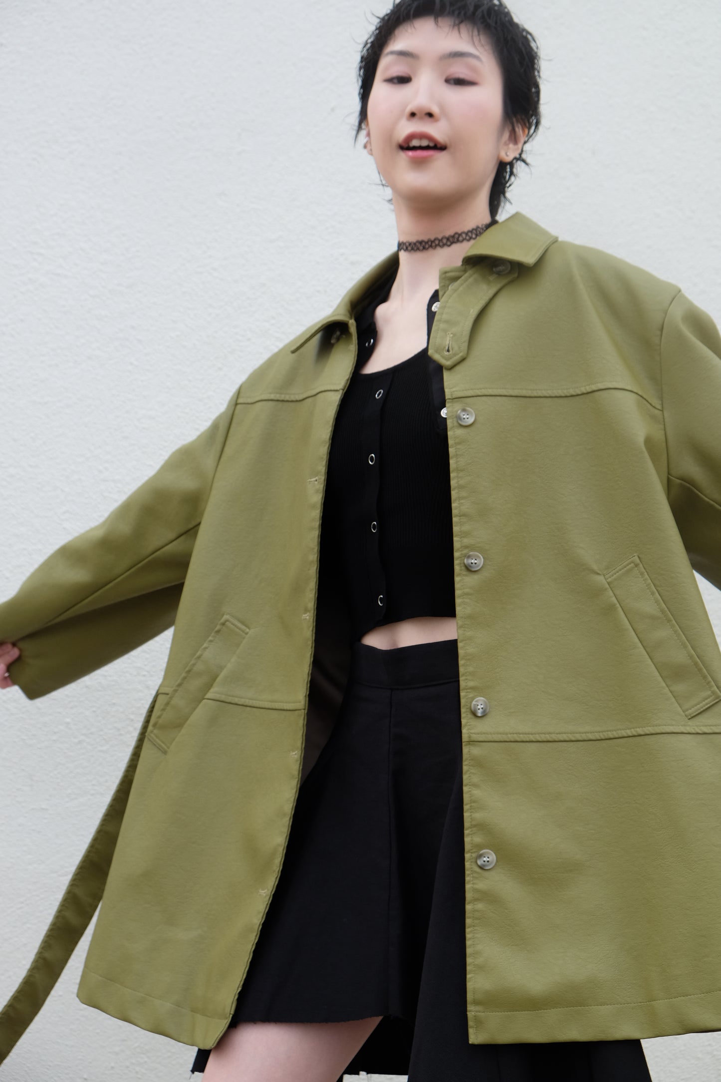 ✨推!Faux Leather Trench Coat (Olive)