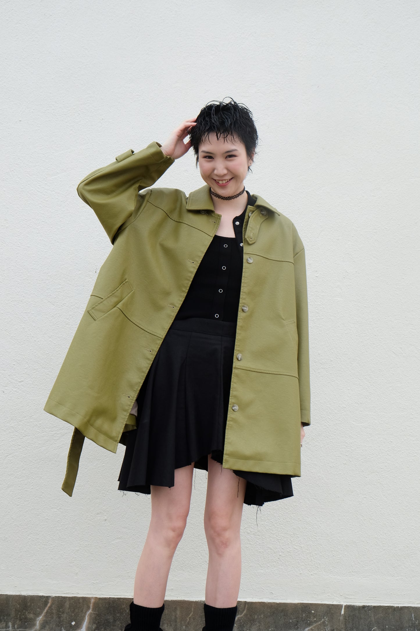 ✨推!Faux Leather Trench Coat (Olive)