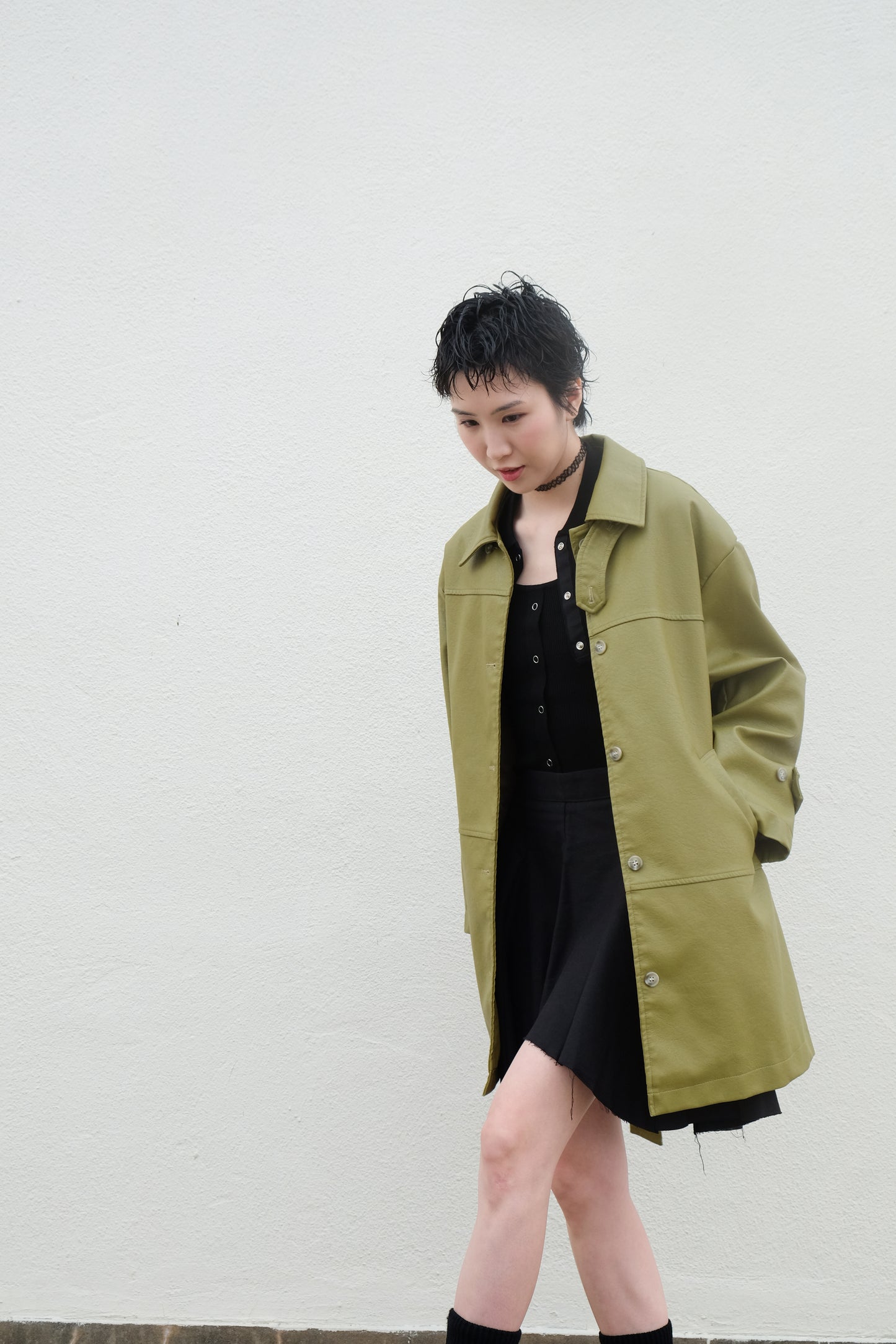 ✨推!Faux Leather Trench Coat (Olive)