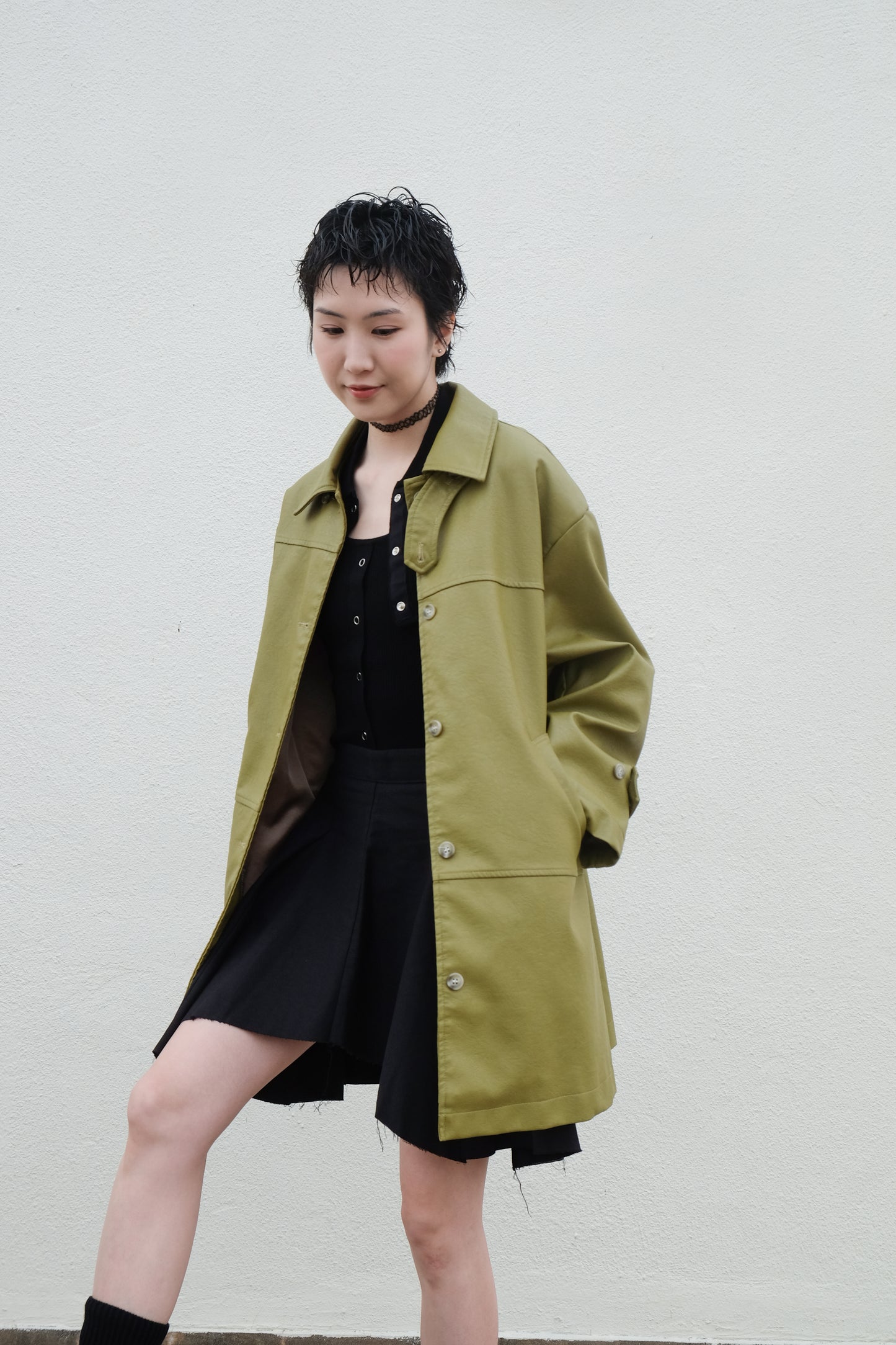 ✨推!Faux Leather Trench Coat (Olive)