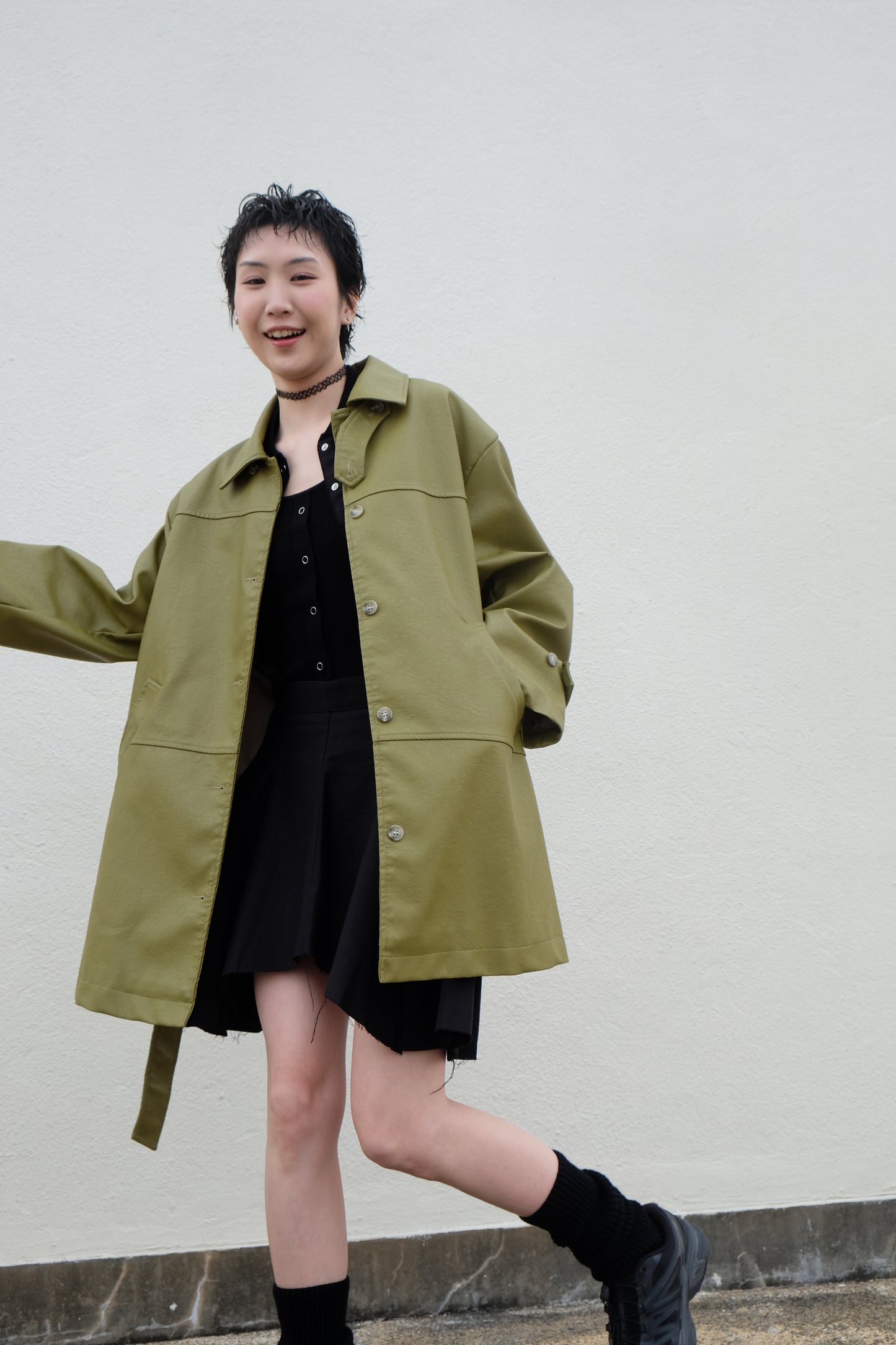 ✨推!Faux Leather Trench Coat (Olive)