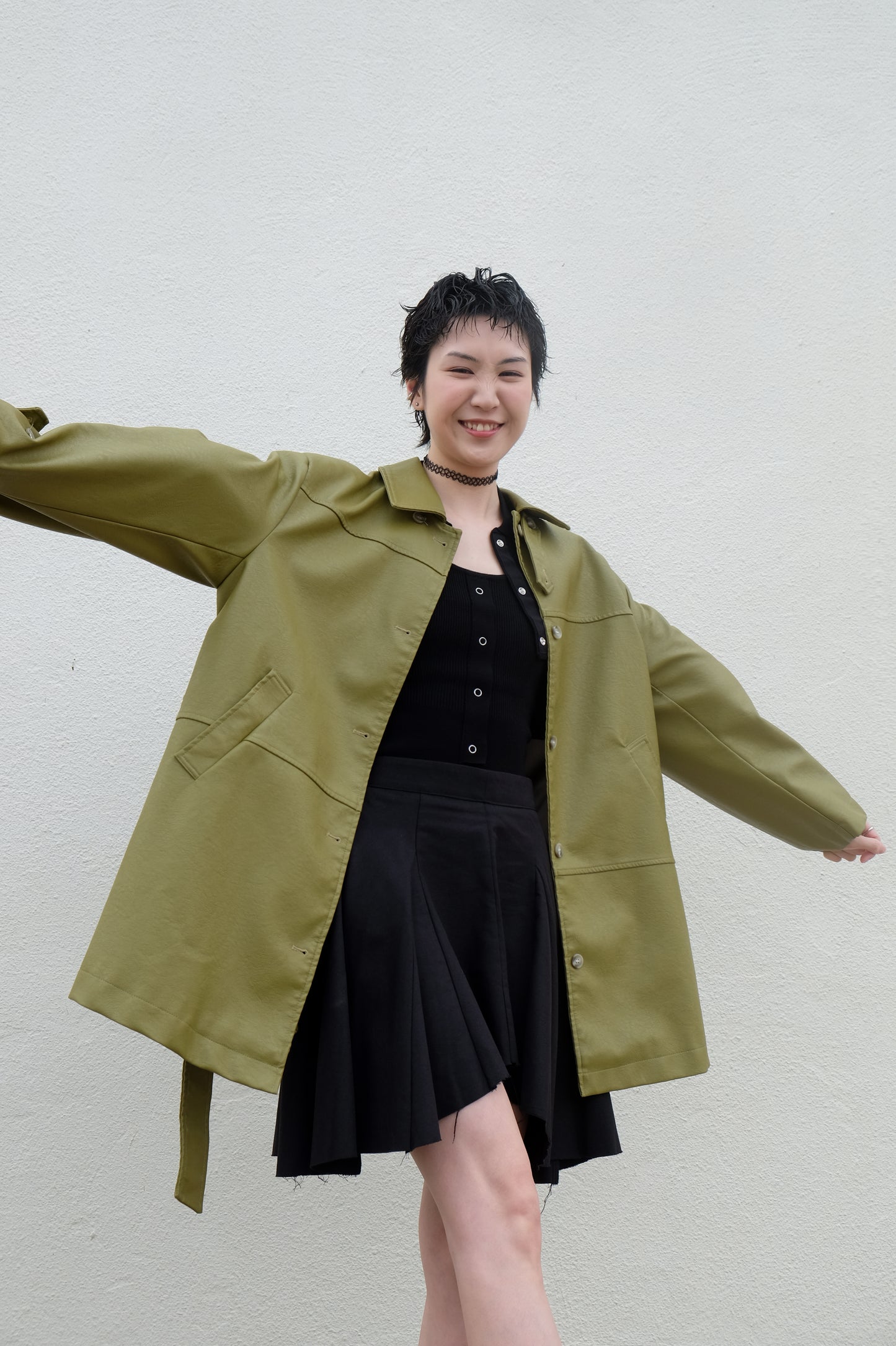 ✨推!Faux Leather Trench Coat (Olive)