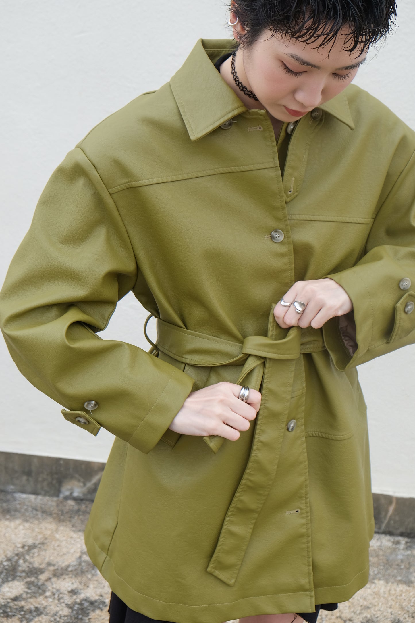 ✨推!Faux Leather Trench Coat (Olive)