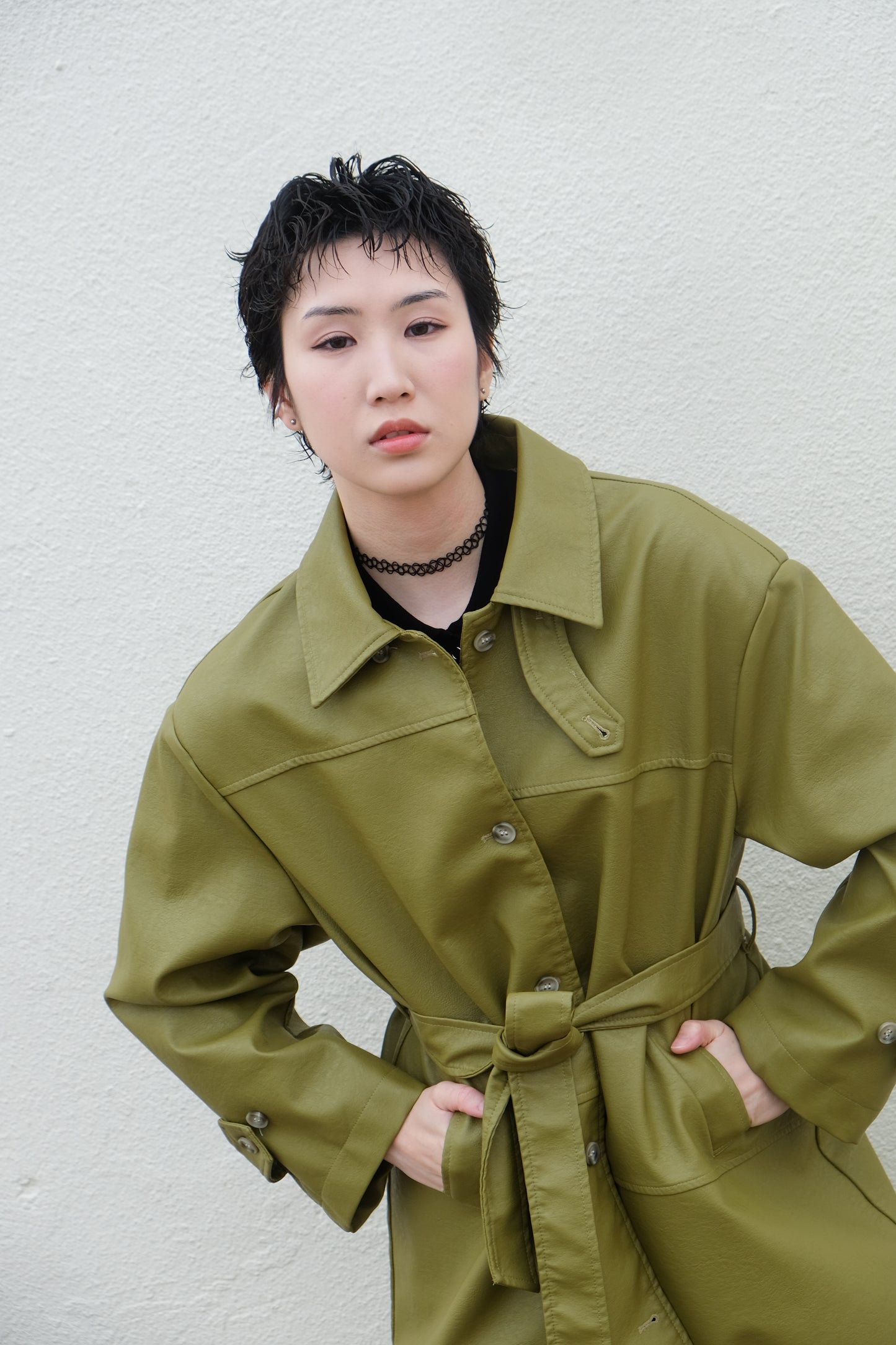 ✨推!Faux Leather Trench Coat (Olive)