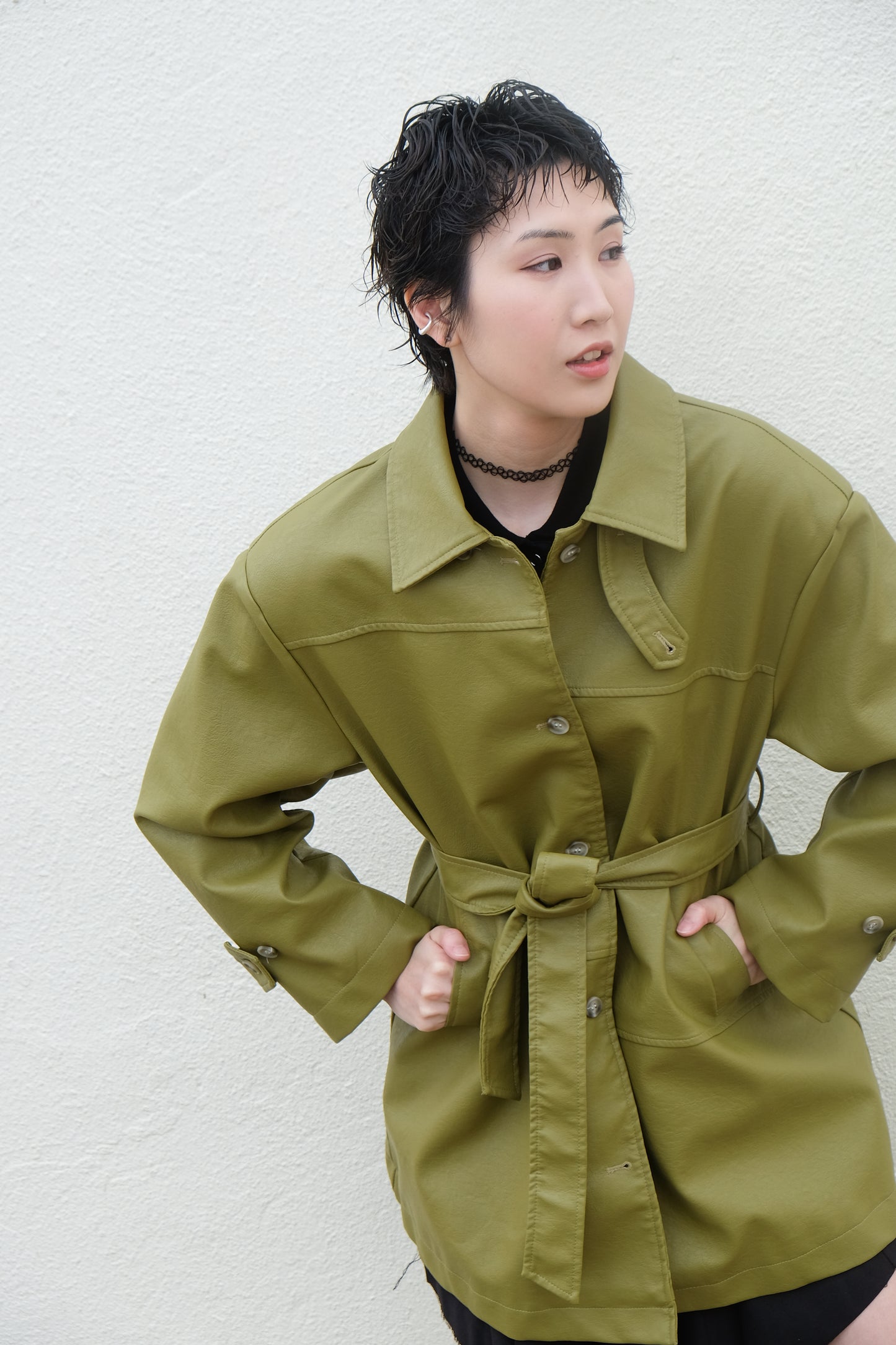 ✨推!Faux Leather Trench Coat (Olive)