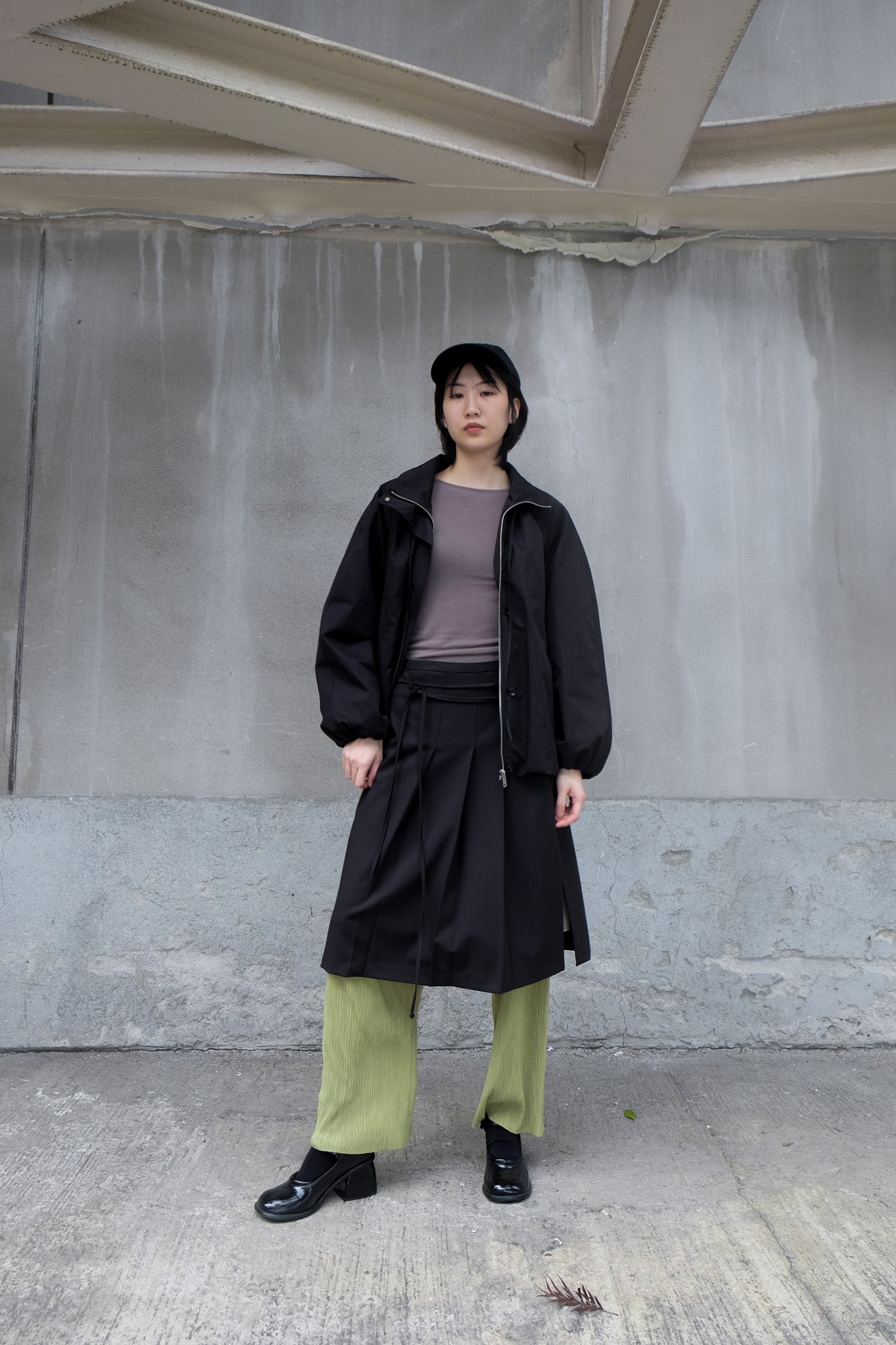 ✨推!"Winona" Double-layer Slit & Pleated Skirt (Black)