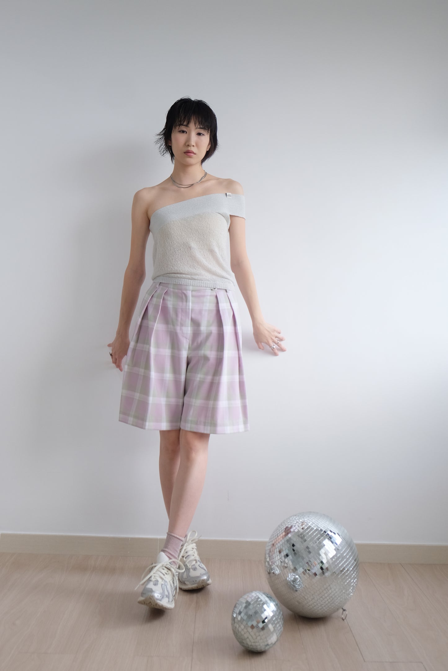 ✨推!"Evelyn" Lilac Tartan Pleated Shorts