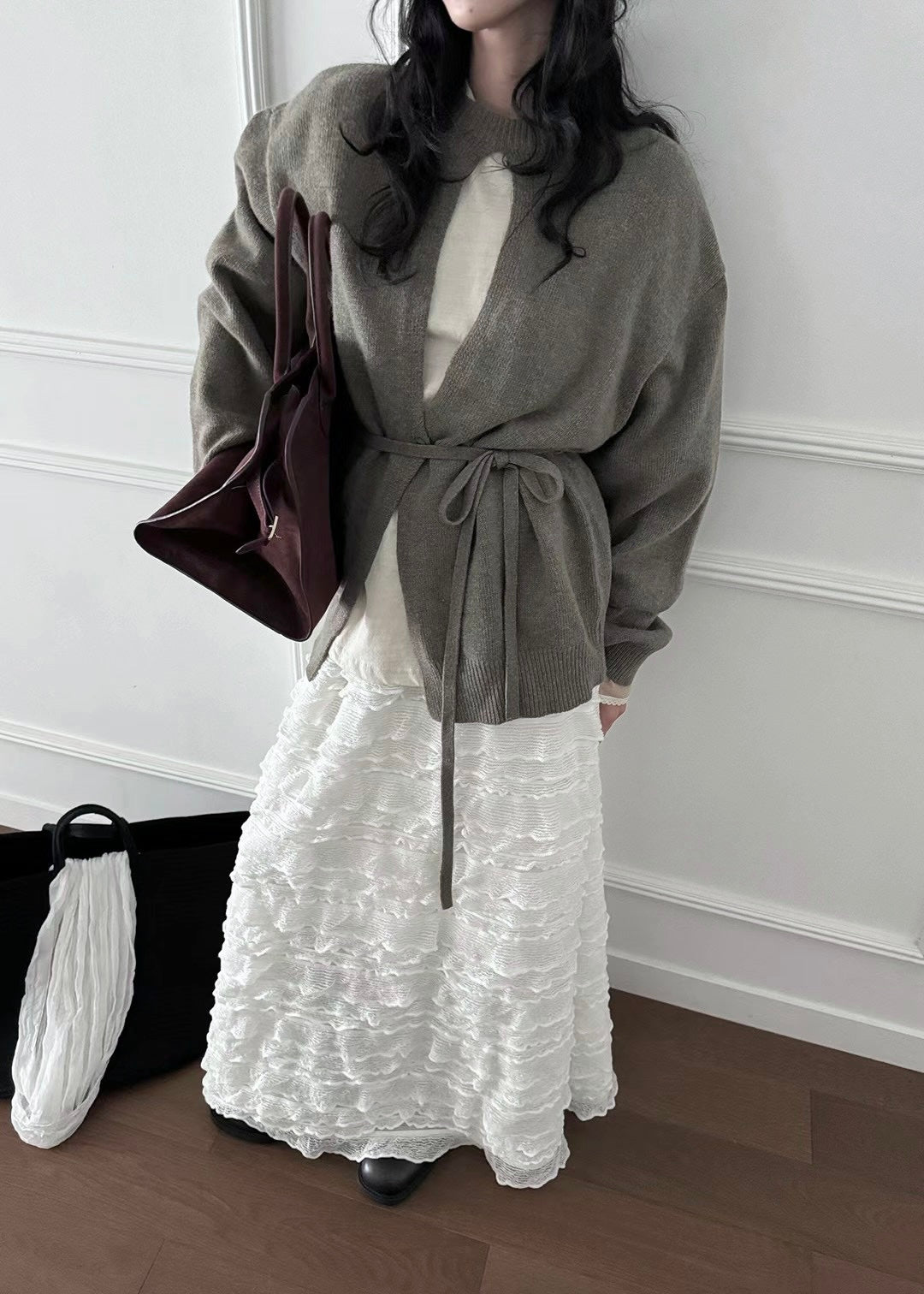 "Crepe Cake" Knit Ruffles Skirt (Ivory)