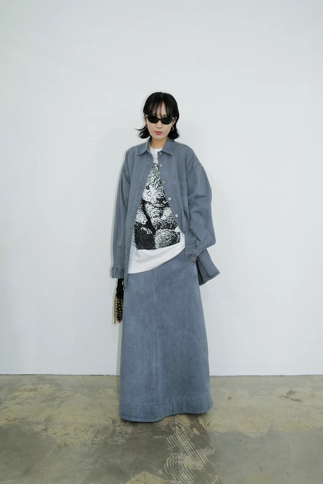 ✨推!"Andre" 90s Heavy Washed Cotton A-line Skirt (Blue)