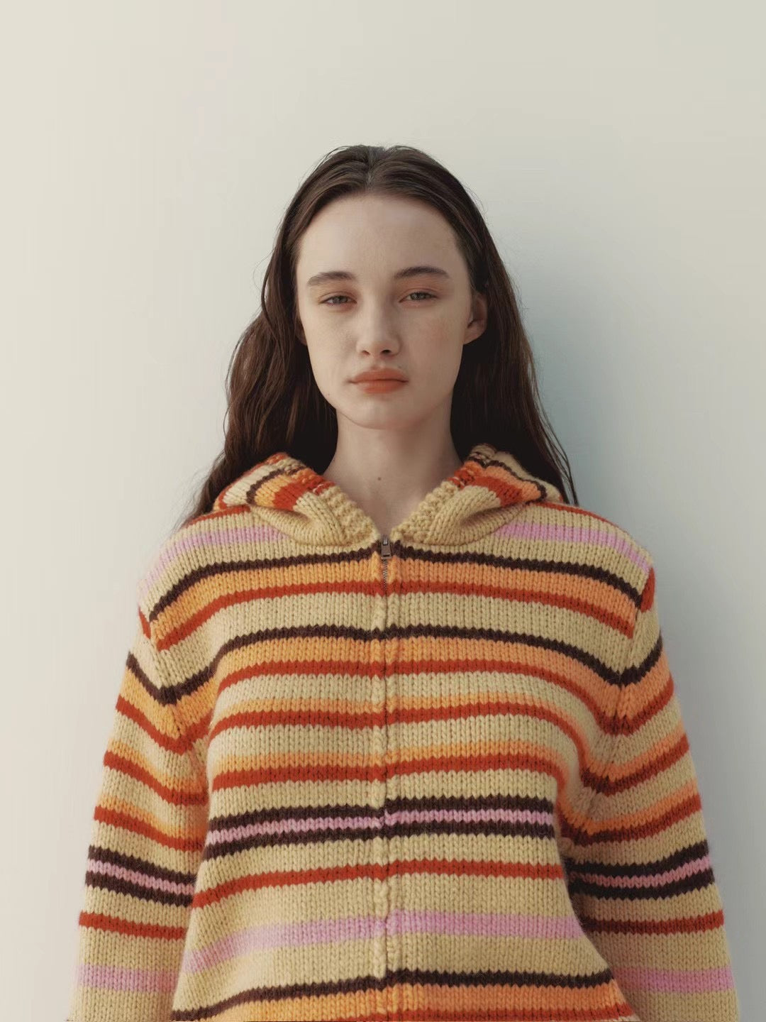 連線優惠/ Orange Stripes Knit Zip Jacket