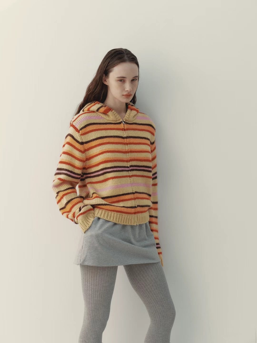 連線優惠/ Orange Stripes Knit Zip Jacket