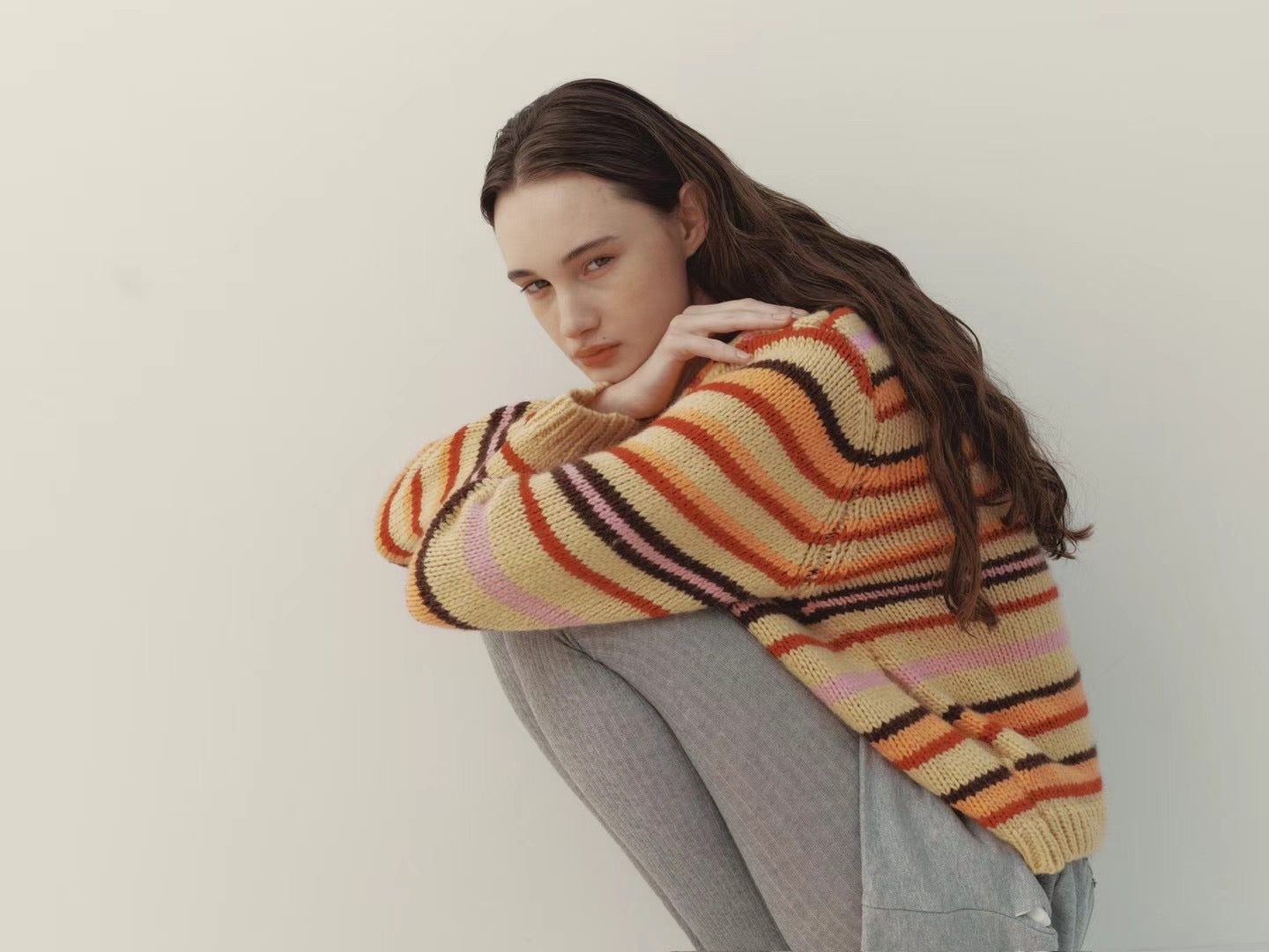 連線優惠/ Orange Stripes Knit Zip Jacket