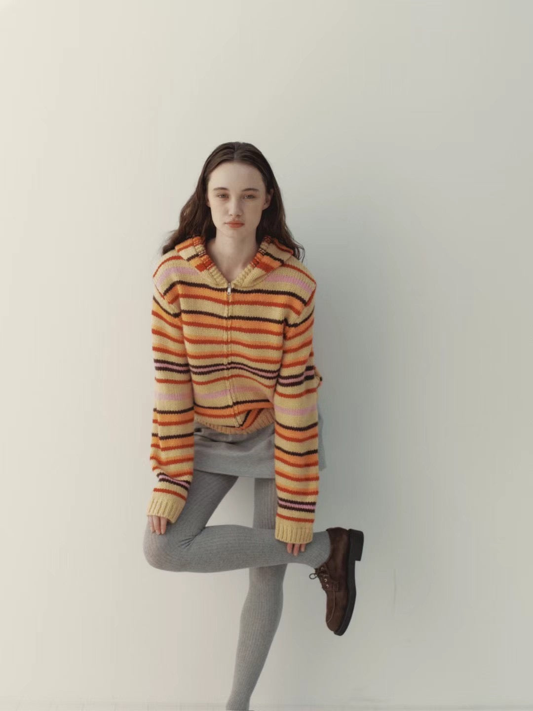 連線優惠/ Orange Stripes Knit Zip Jacket