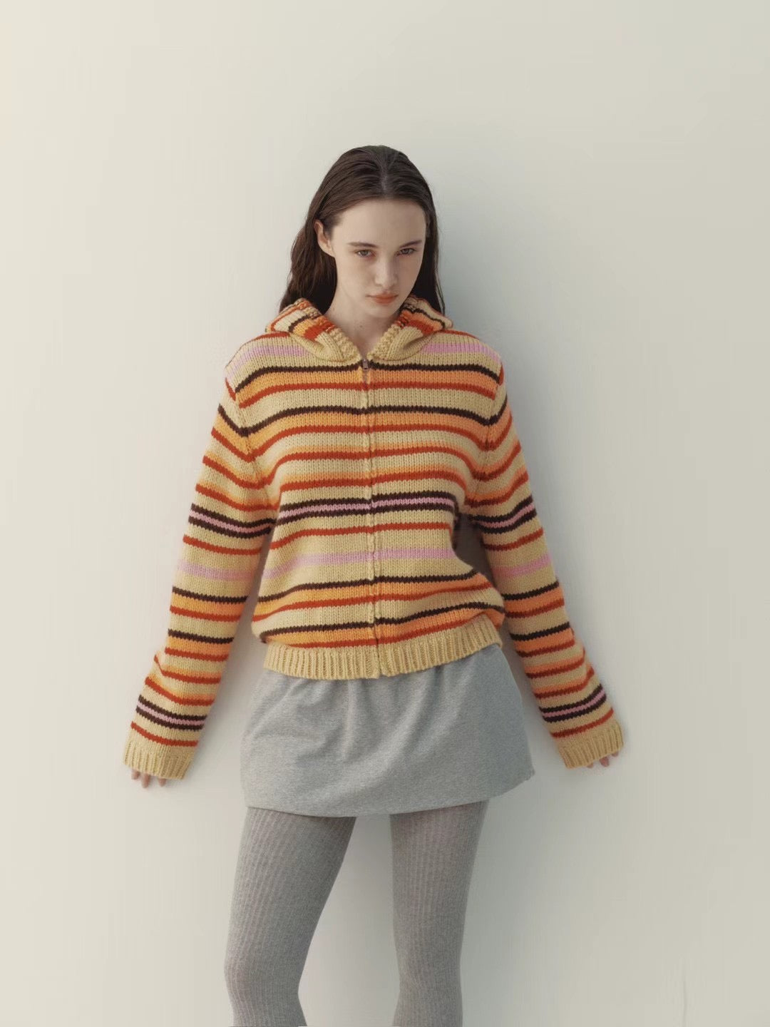 連線優惠/ Orange Stripes Knit Zip Jacket