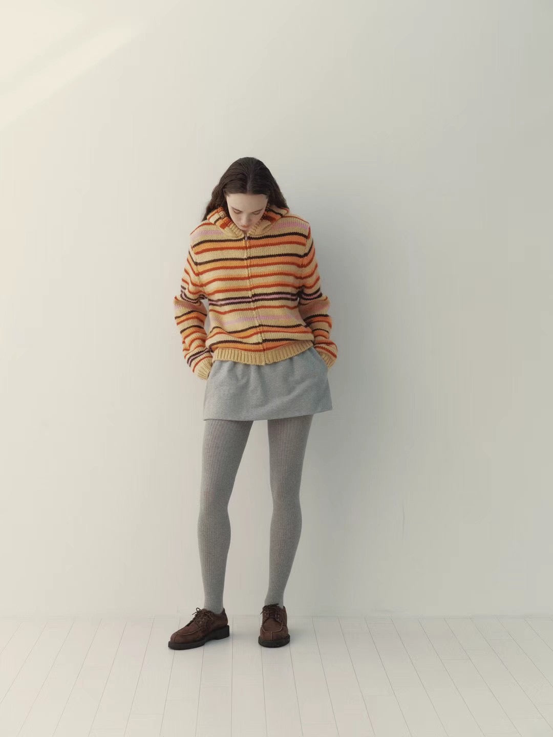連線優惠/ Orange Stripes Knit Zip Jacket