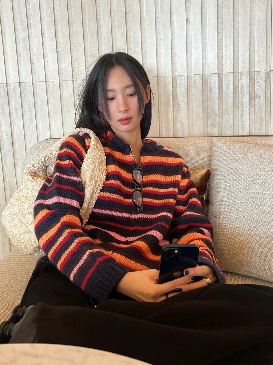 連線優惠/ Orange Stripes Knit Zip Jacket