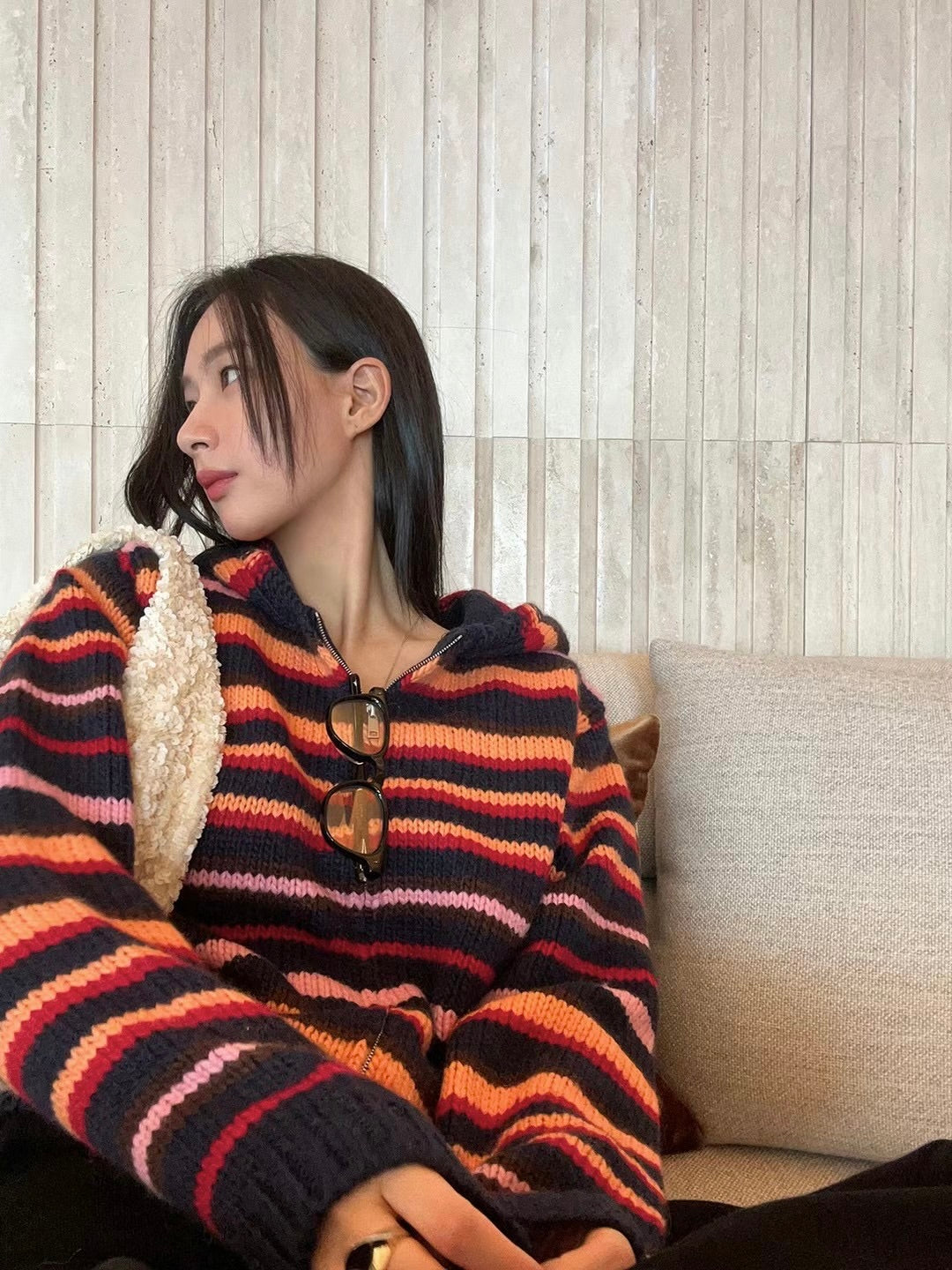 連線優惠/ Orange Stripes Knit Zip Jacket