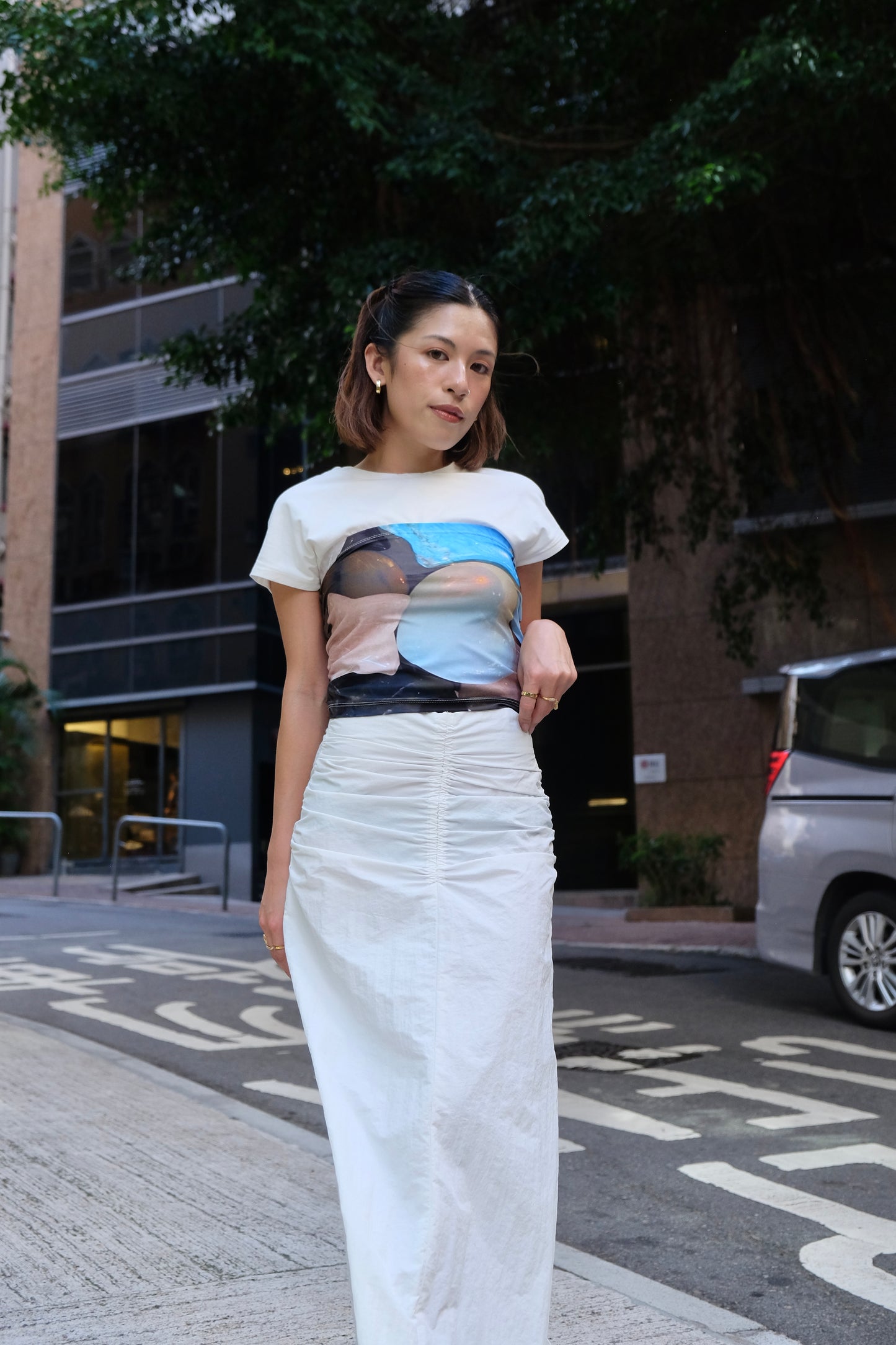 "Kate" Ribboned Back-slit Skirt (White)