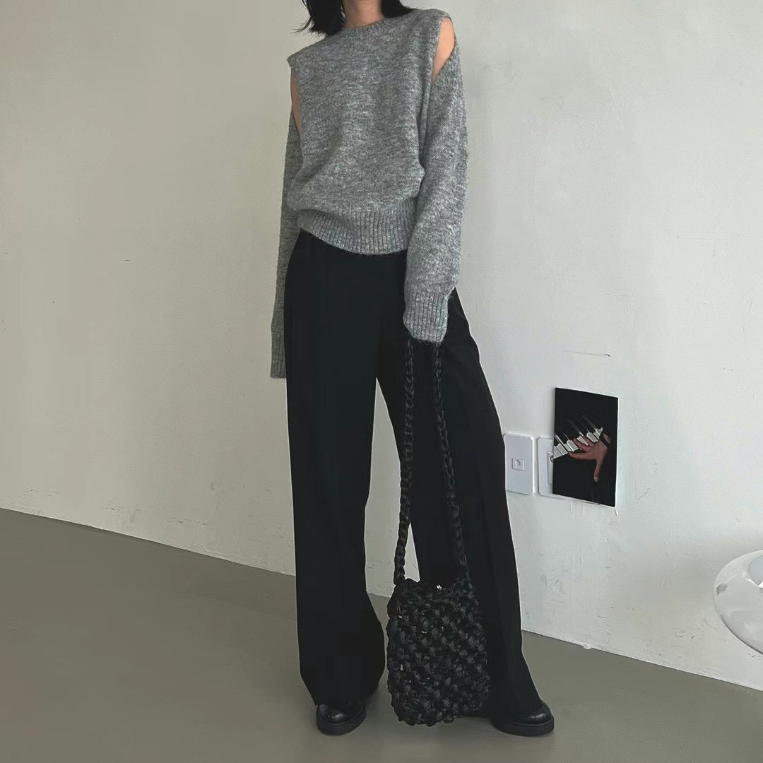 Cut-out Flexible Shoulder Sweater (Grey)