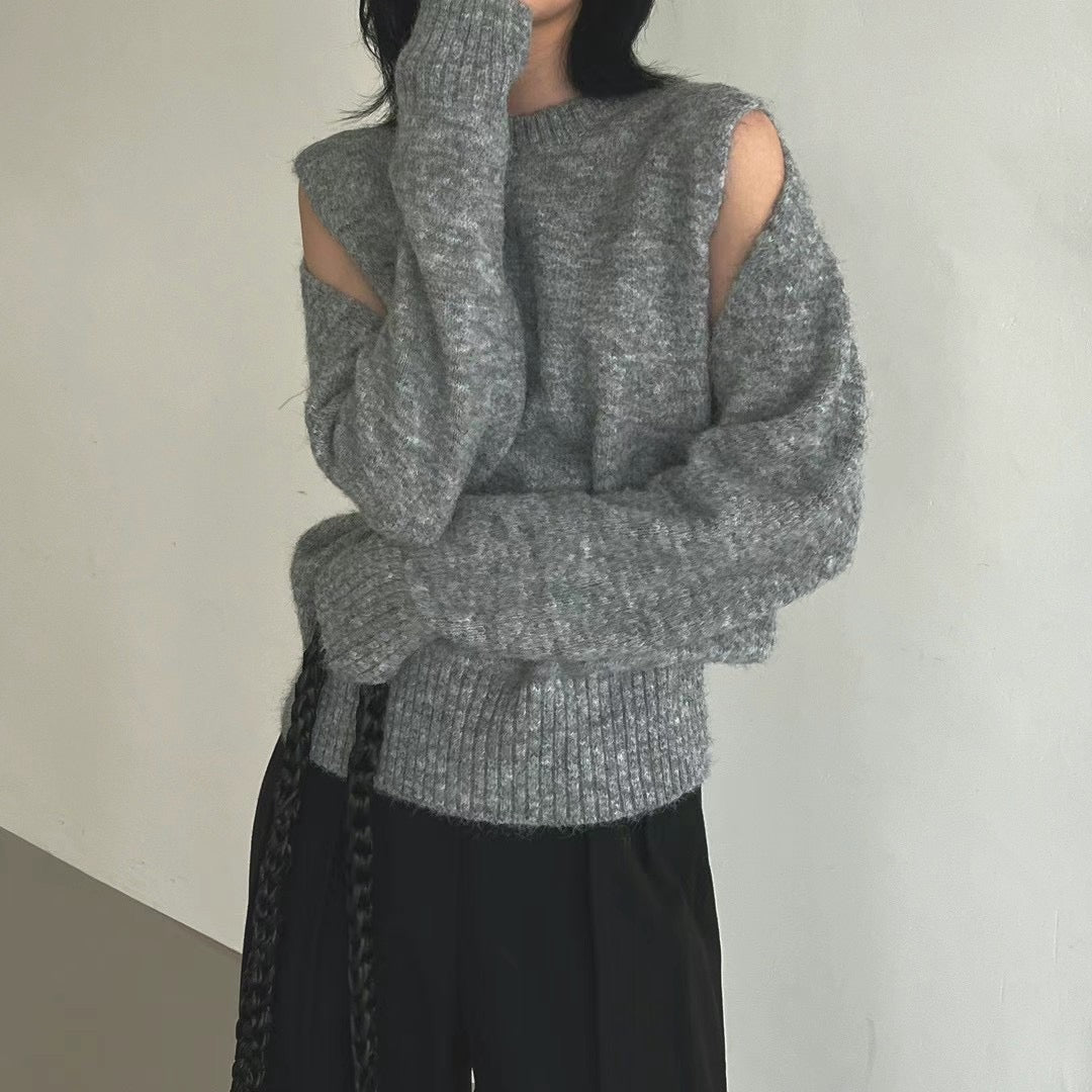 Cut-out Flexible Shoulder Sweater (Grey)