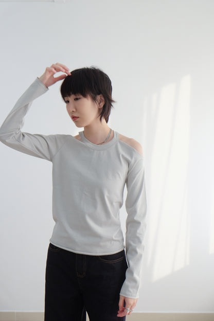"Lou" Cut-out Shoulder Tee (White/ Grey)