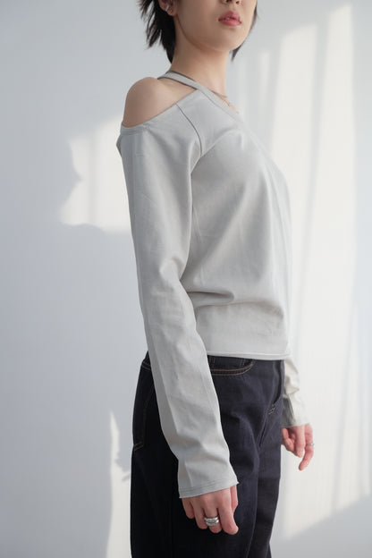 "Lou" Cut-out Shoulder Tee (White/ Grey)
