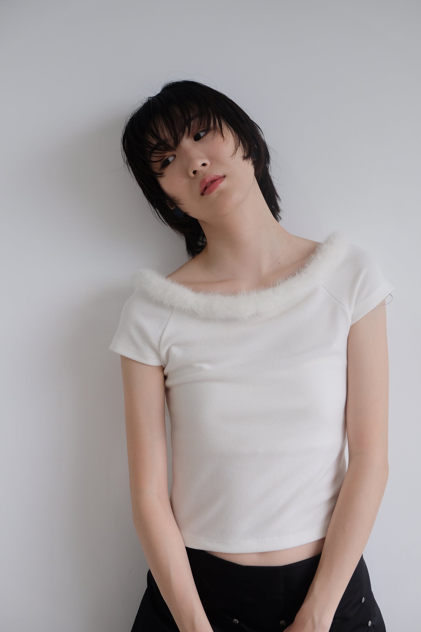 “La Belle" Furry Round Neck Tee (Ivory)