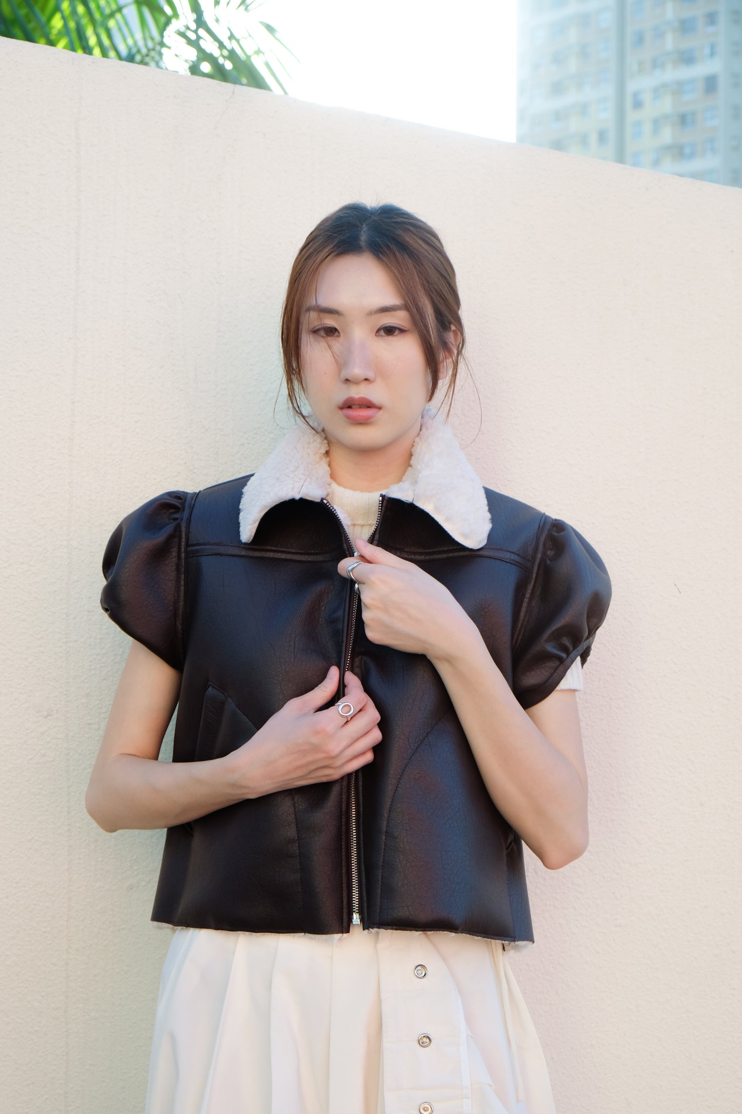 ✨推！"Lana" Puff Sleeve Faux Leather Jacket (Brown)