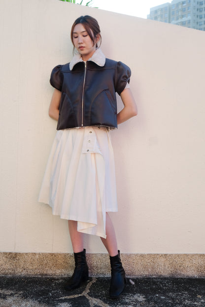 ✨推！"Lana" Puff Sleeve Faux Leather Jacket (Brown)