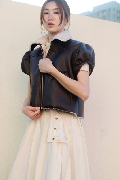 ✨推！"Lana" Puff Sleeve Faux Leather Jacket (Brown)
