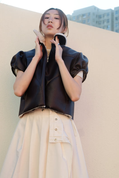 ✨推！"Lana" Puff Sleeve Faux Leather Jacket (Brown)