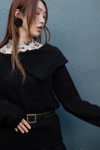 "Big Boy" Off-shoulder Wool Top (Black)
