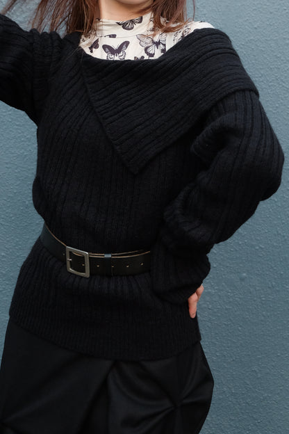 "Big Boy" Off-shoulder Wool Top (Black)