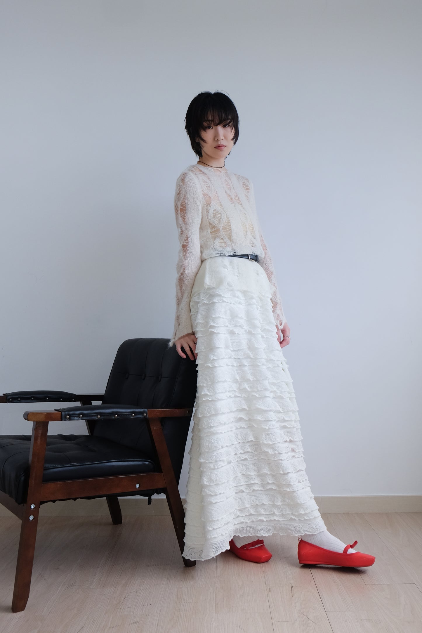 "Crepe Cake" Knit Ruffles Skirt (Ivory)