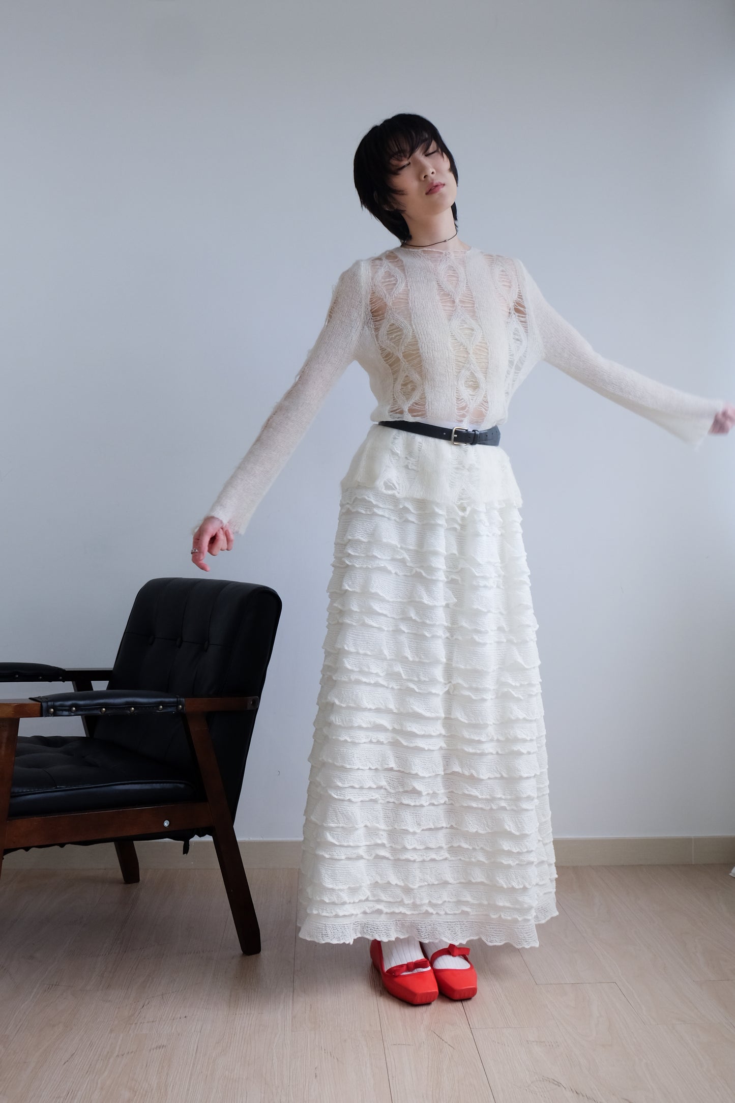 "Crepe Cake" Knit Ruffles Skirt (Ivory)
