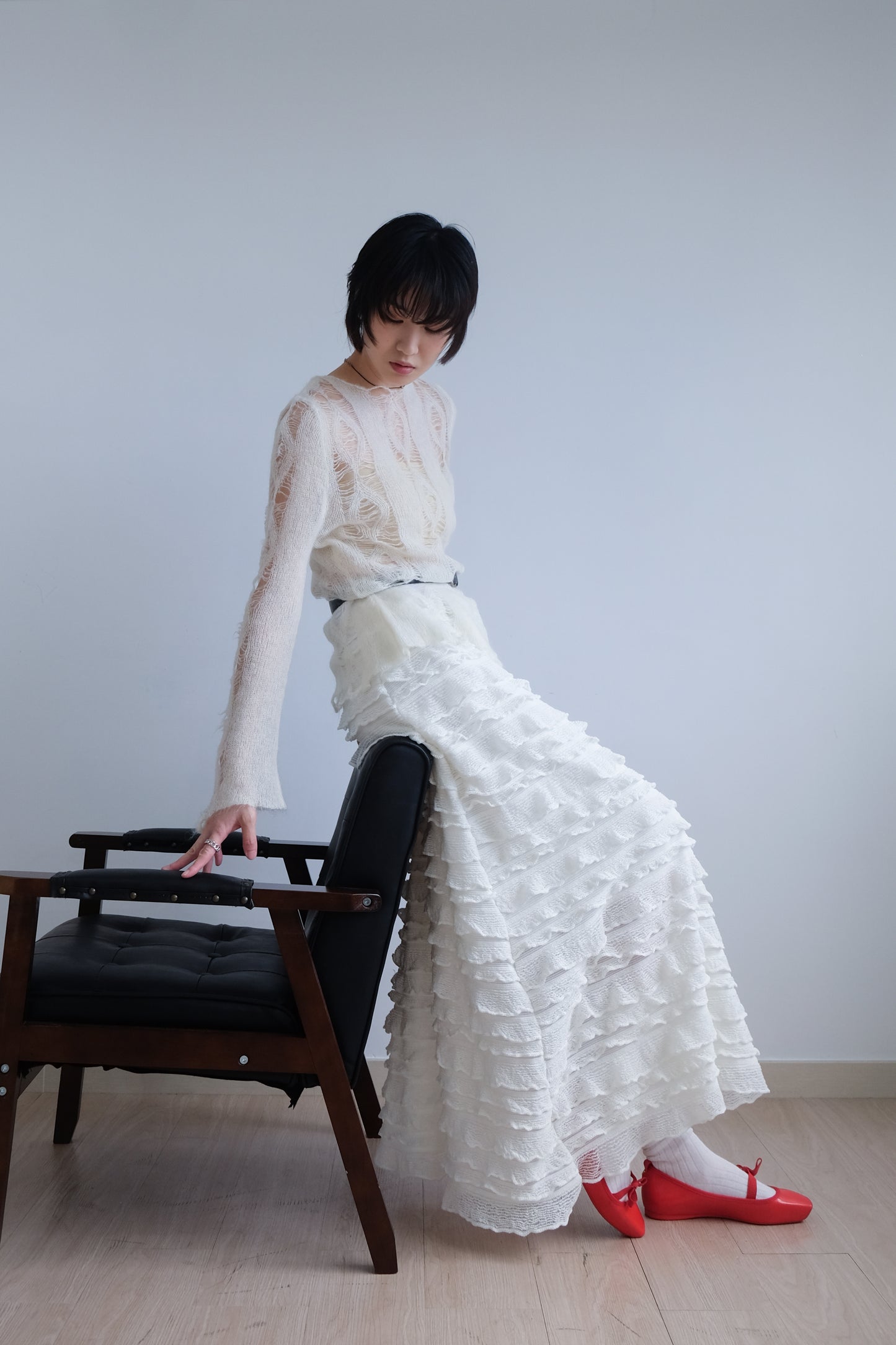 "Crepe Cake" Knit Ruffles Skirt (Ivory)