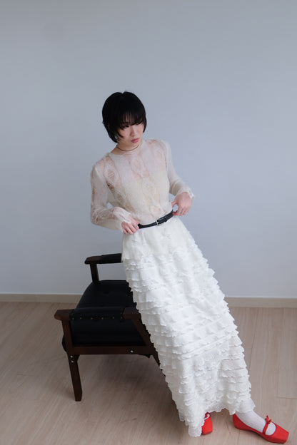 "Crepe Cake" Knit Ruffles Skirt (Ivory)