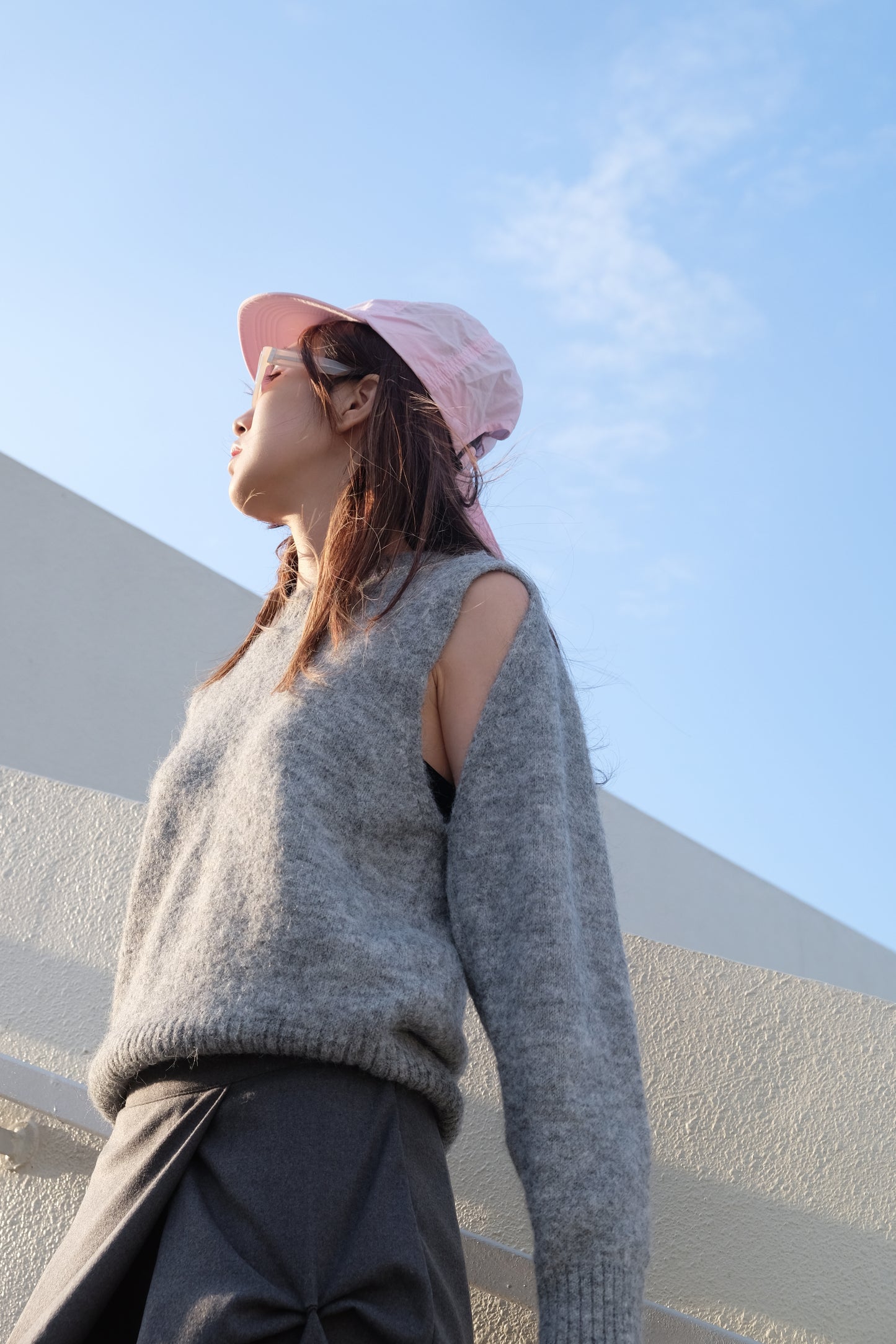 Cut-out Flexible Shoulder Sweater (Grey)