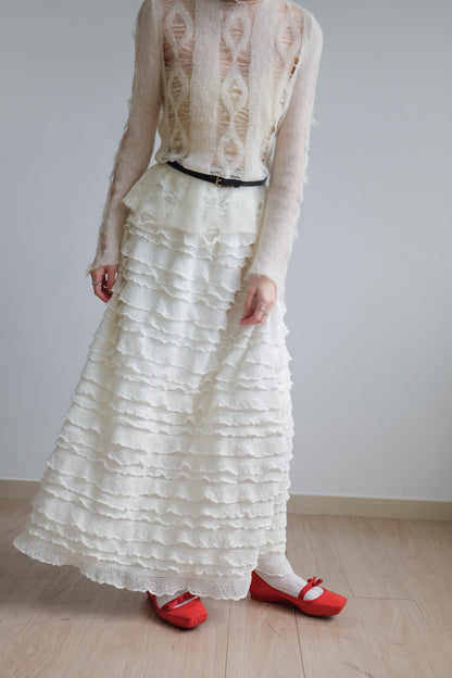 "Crepe Cake" Knit Ruffles Skirt (Ivory)