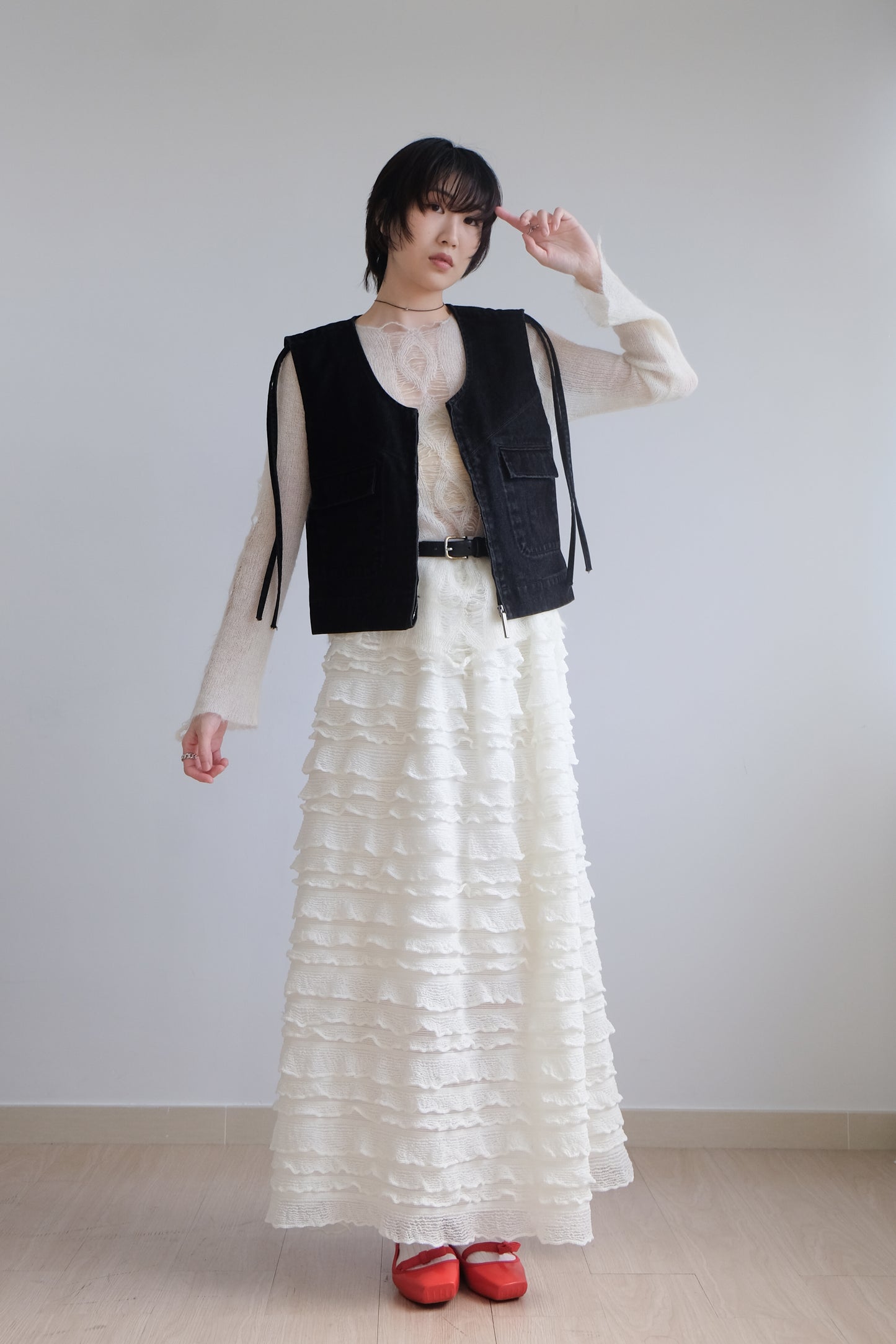 "Crepe Cake" Knit Ruffles Skirt (Ivory)