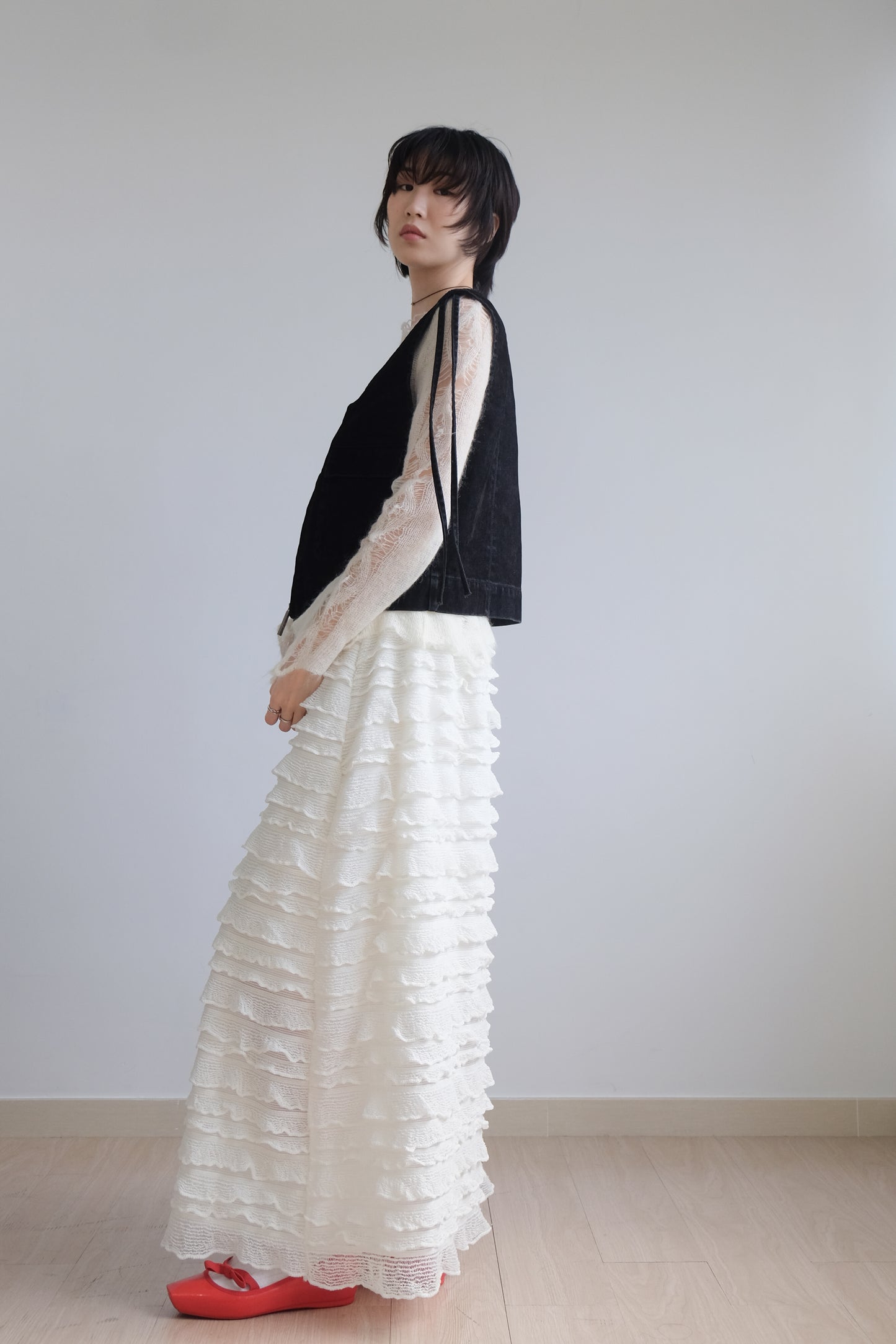 "Crepe Cake" Knit Ruffles Skirt (Ivory)