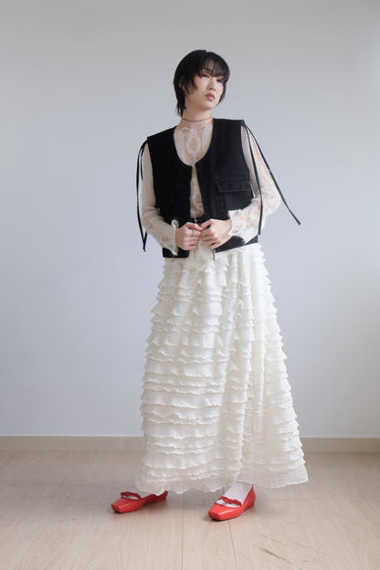 "Crepe Cake" Knit Ruffles Skirt (Ivory)