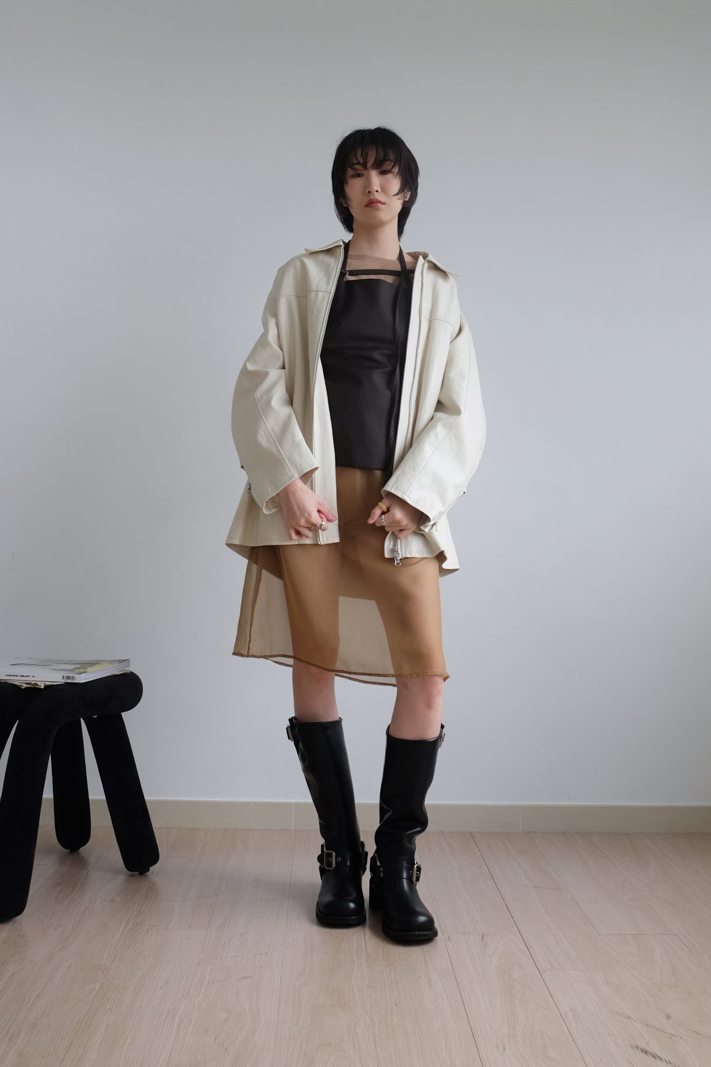 ✨推！Minimal Zips PU Leather Jacket (Cream)
