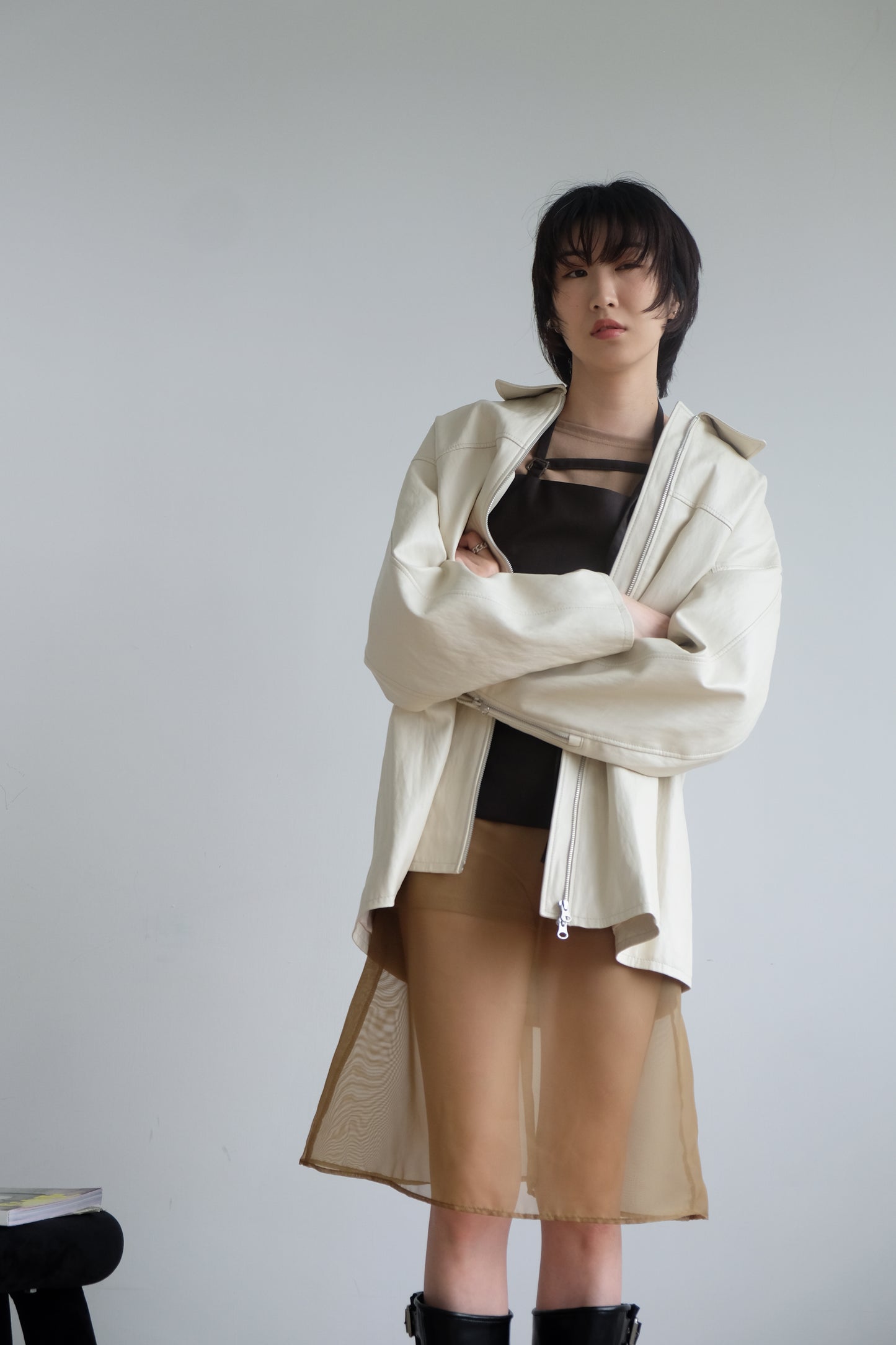 ✨推！Minimal Zips PU Leather Jacket (Cream)